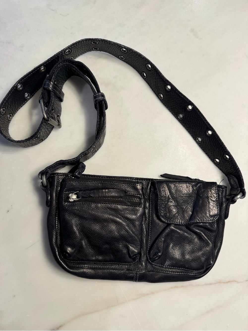 Free People Black Leather Crossbody Bag with Studded Strap